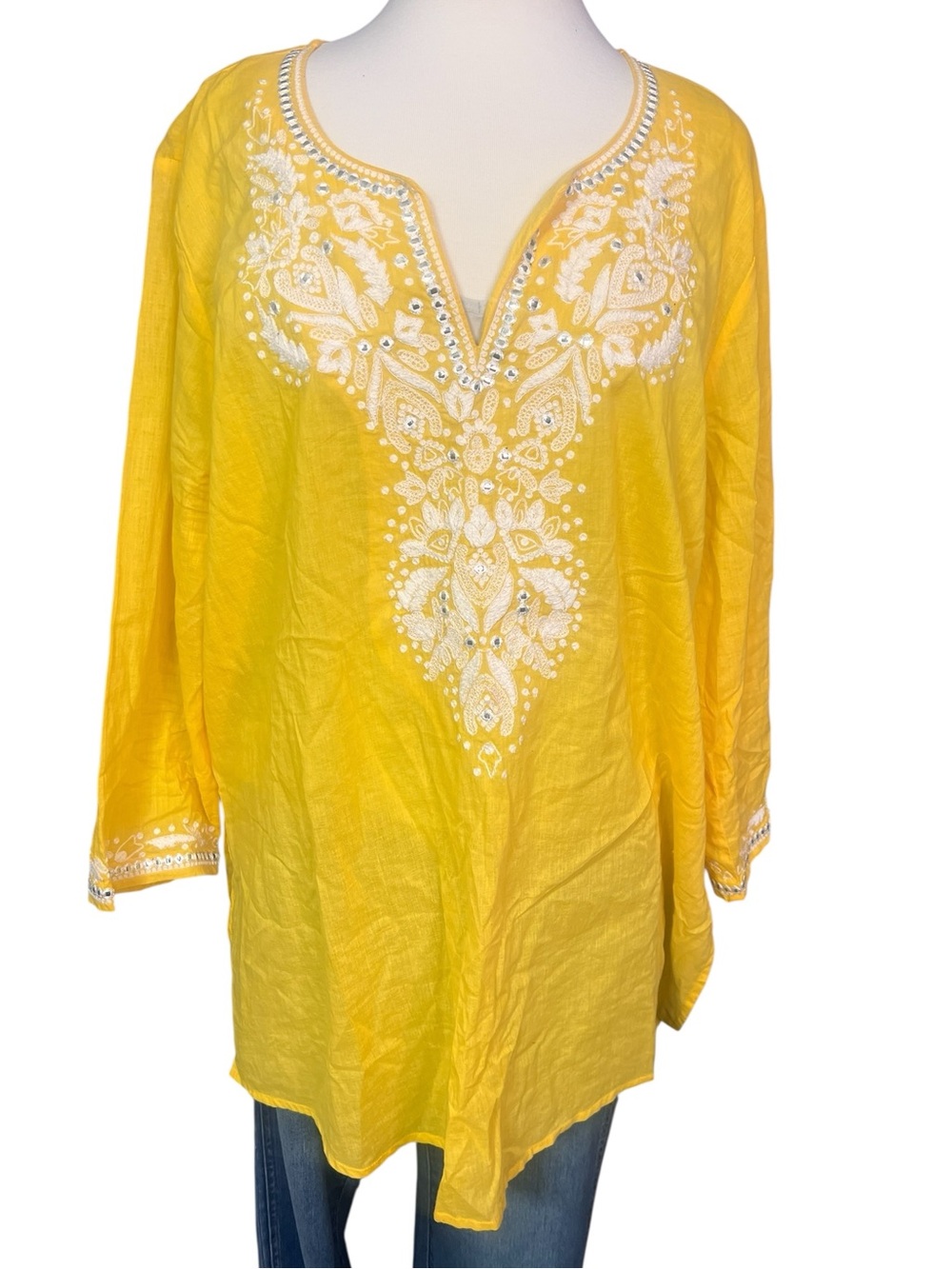 Karen Kane 25” Yellow Embroidered Cotton Long Sleeve Tunic Top